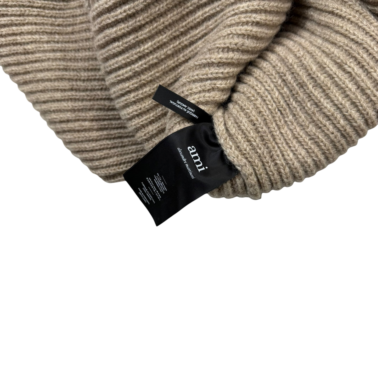 Ami Paris Heavyweight Ribbed Wool Funnel Neck Knit Sweatshirt Taupe