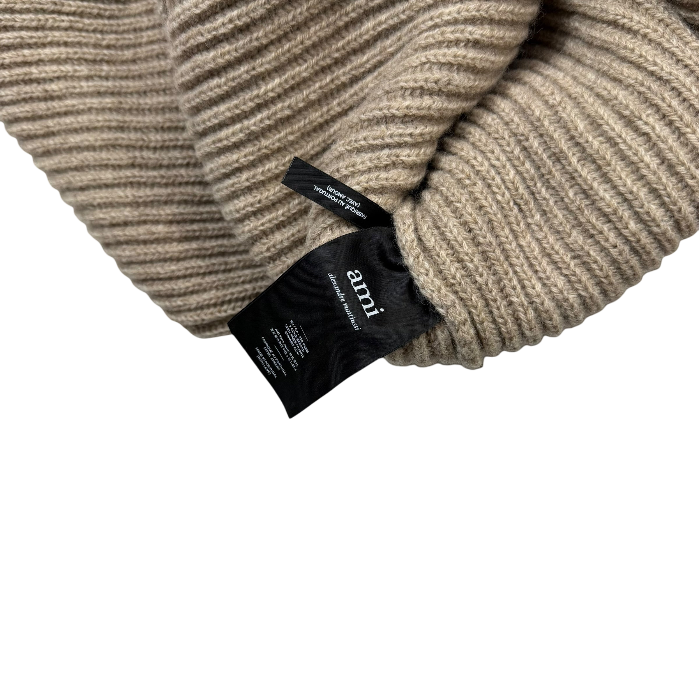 Ami Paris Heavyweight Ribbed Wool Funnel Neck Knit Sweatshirt Taupe