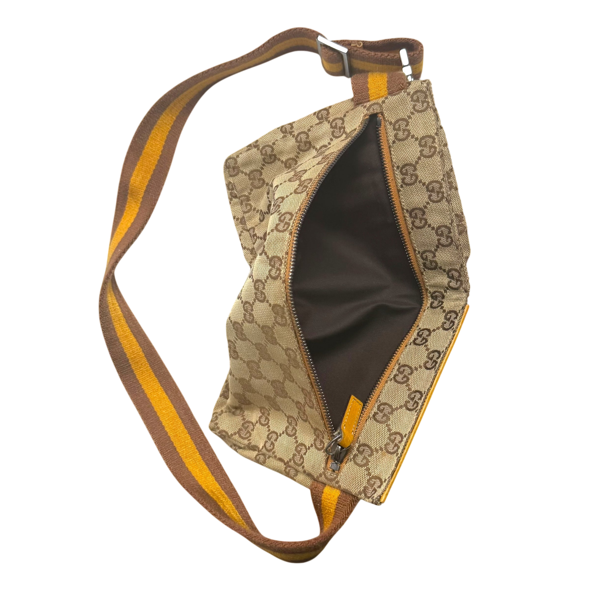 Gucci GG Canvas Web Double Pocket Belt Bag Brown/Yellow