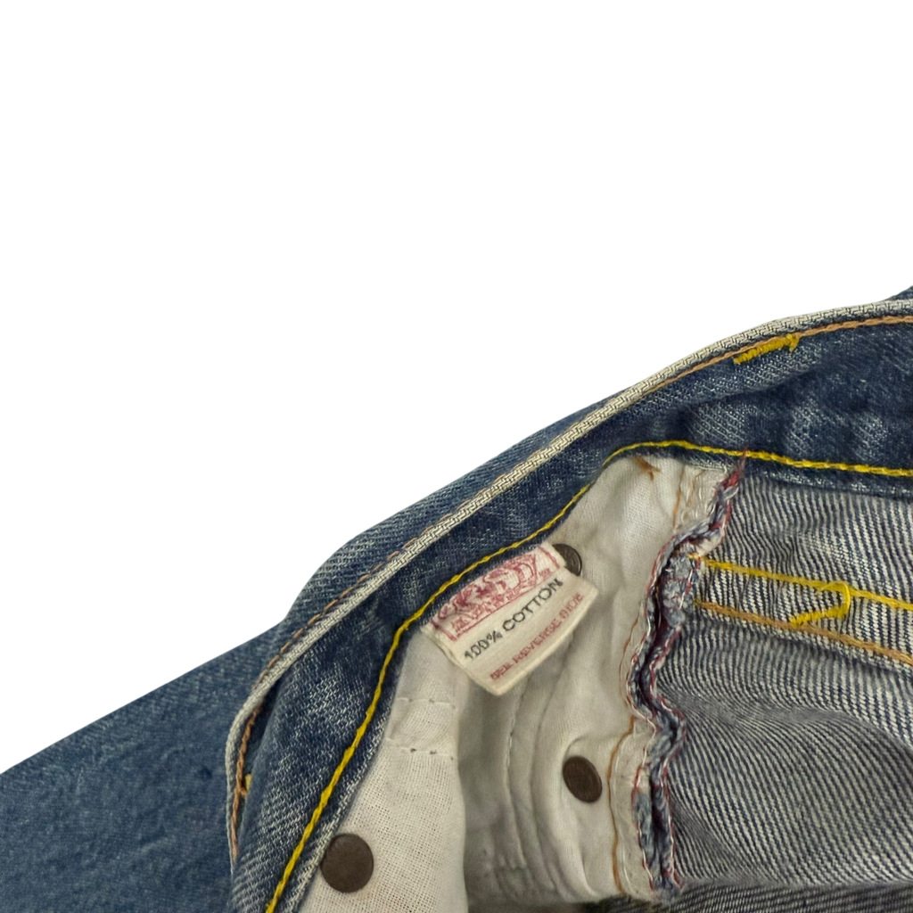 Evisu Orange Daicock Print Buckle Back Light Wash Jeans (Size 30”)