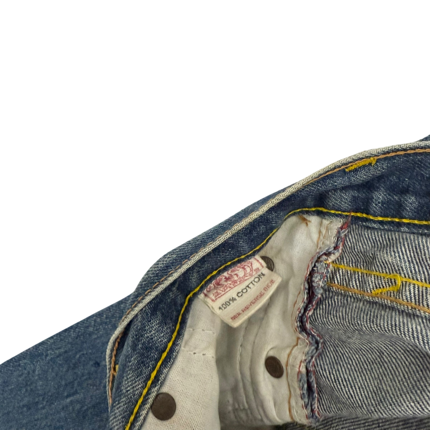 Evisu Orange Daicock Print Buckle Back Light Wash Jeans (Size 30”)