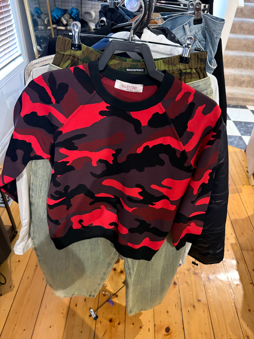 Valentino Black & Red Wool Knit Camo Sweater
