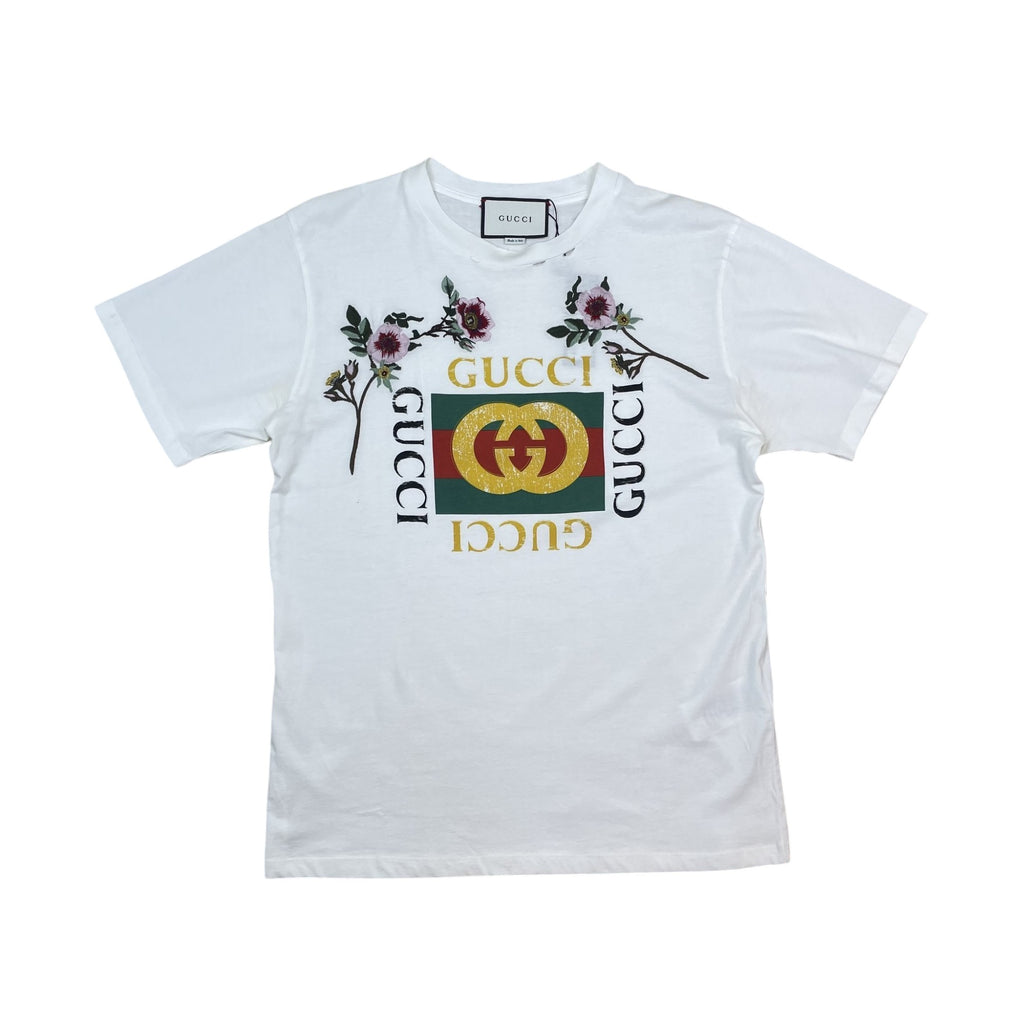 Gucci 2018 Logo Printed & Embroidered Cotton Distressed T-Shirt White (Size L)
