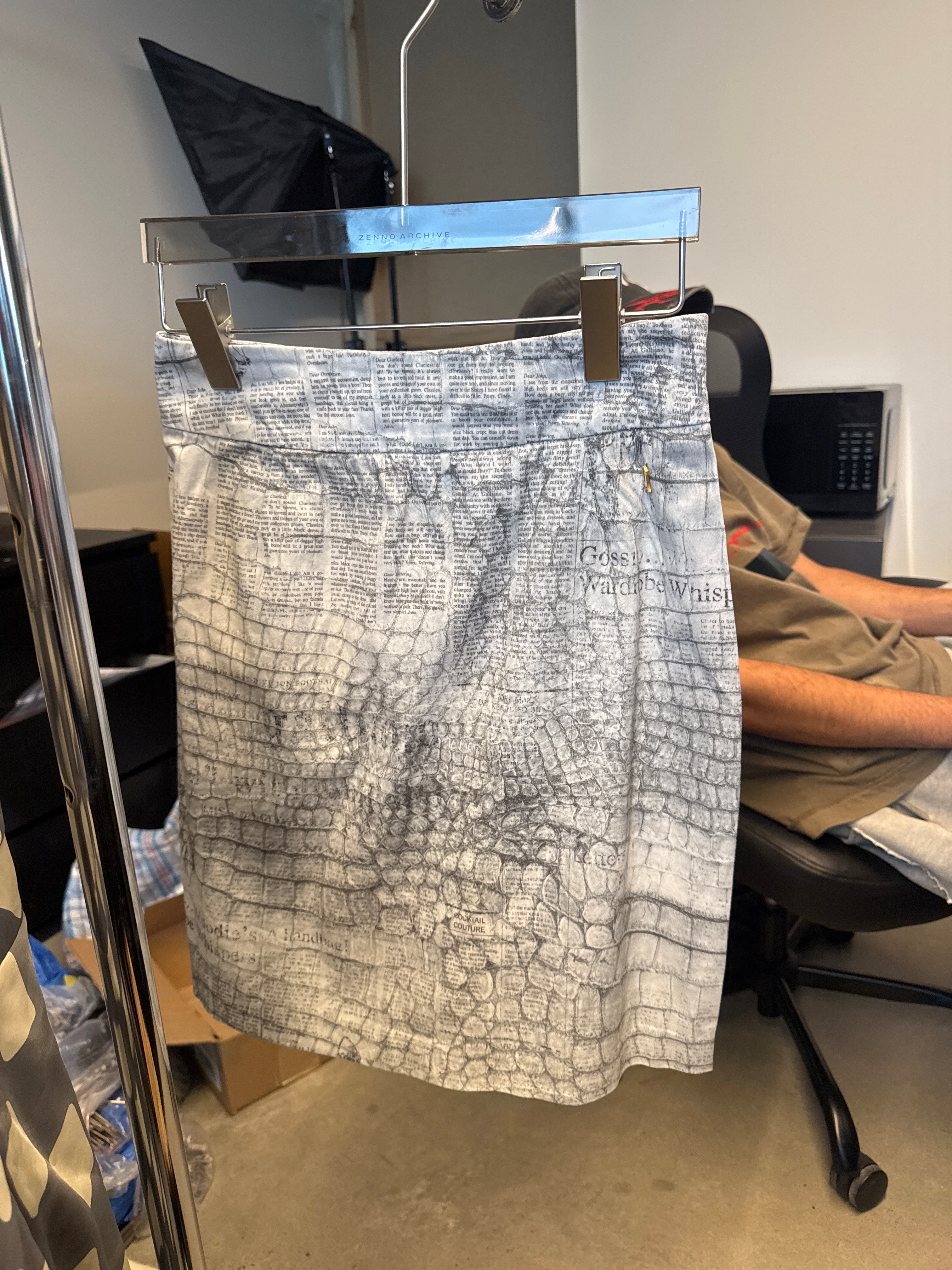 Galliano Croc Newspaper Print Skirt (Size 26)