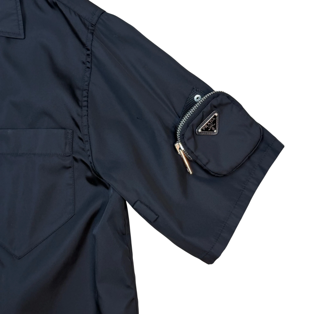 Prada Re-Nylon Triangle Logo-Appliqué Short Sleeve Button-Up Shirt Black (Fits S Mens)