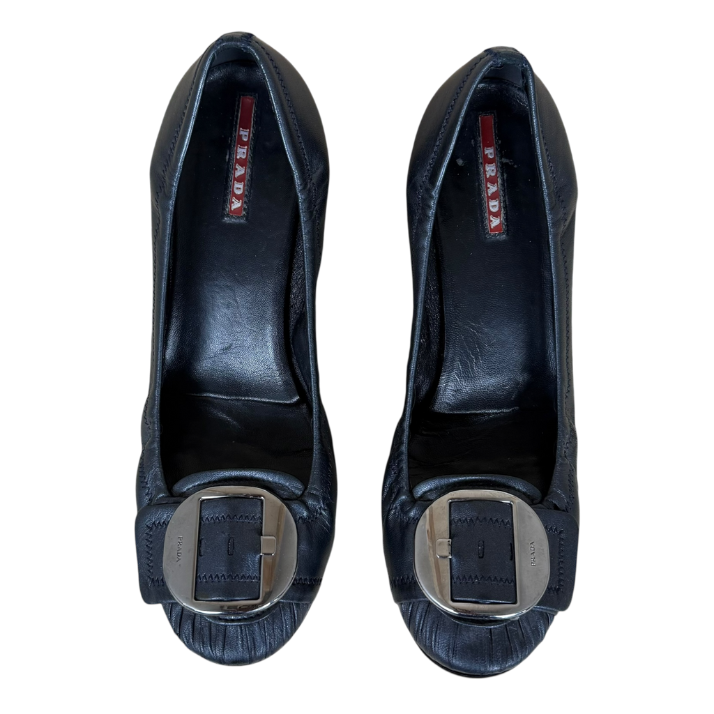 Prada 00s Leather Moccasin Heels Metallic Heels (Size EU38/39)