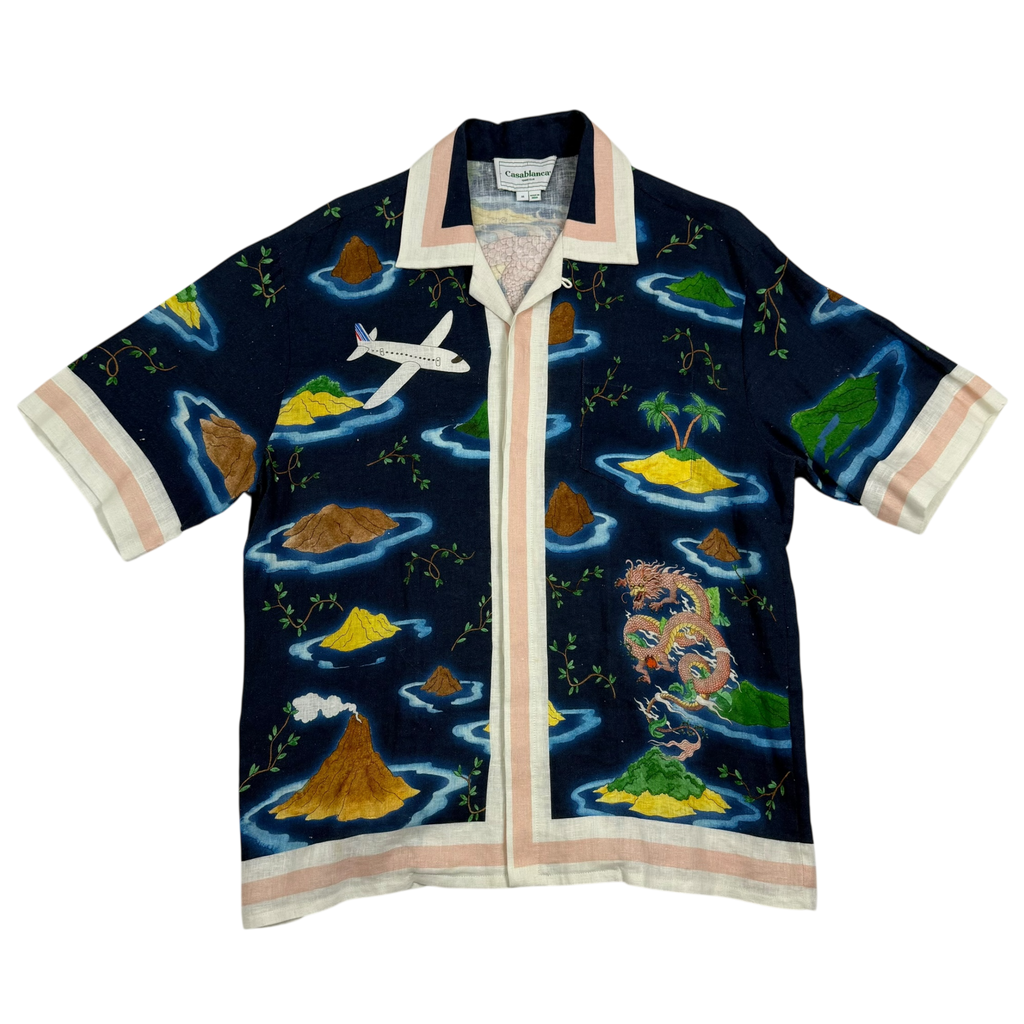Casablanca Cuban-Collar Dragon-Print Linen Shirt Blue (Fits M-L)