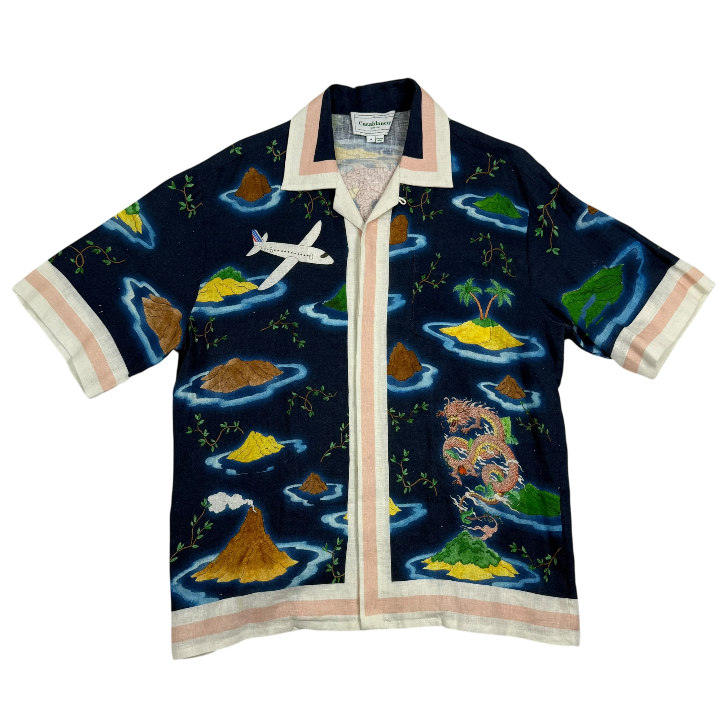 Casablanca Cuban-Collar Dragon-Print Linen Shirt Blue (Fits M-L)