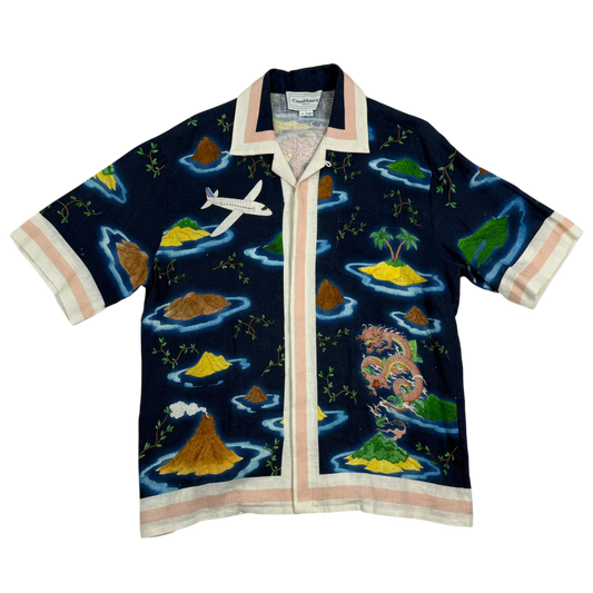 Casablanca Cuban-Collar Dragon-Print Linen Shirt Blue (Fits M-L)