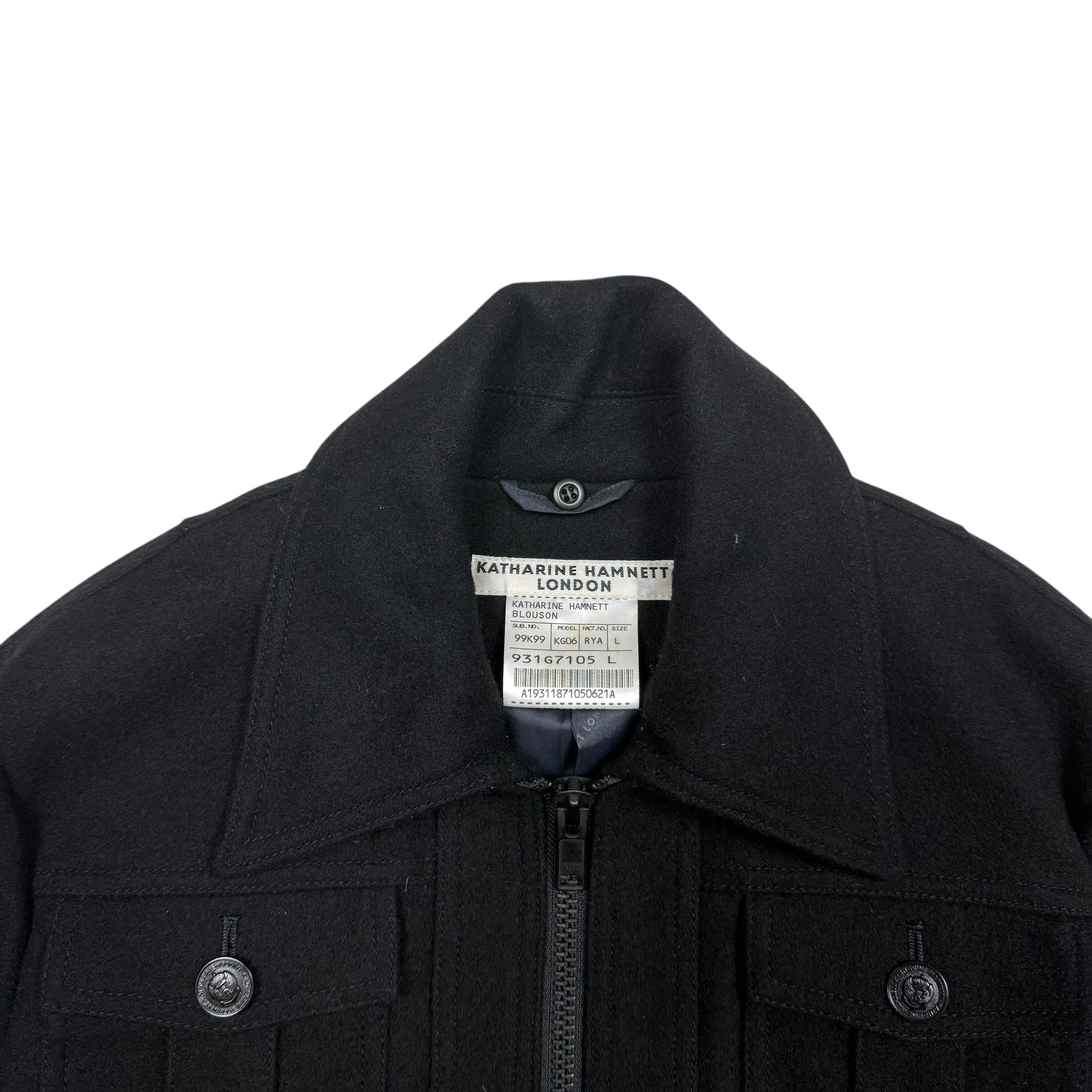 Katherine Hamnett 00s Black Wool Zip-Up Jacket (Fits M)