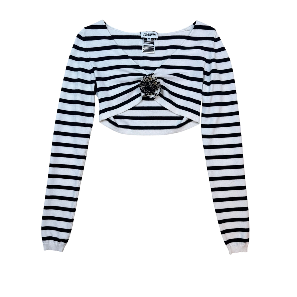 Jean Paul Gaultier Striped Appliqué Flower Crop Top Black/White (Size M Womens)