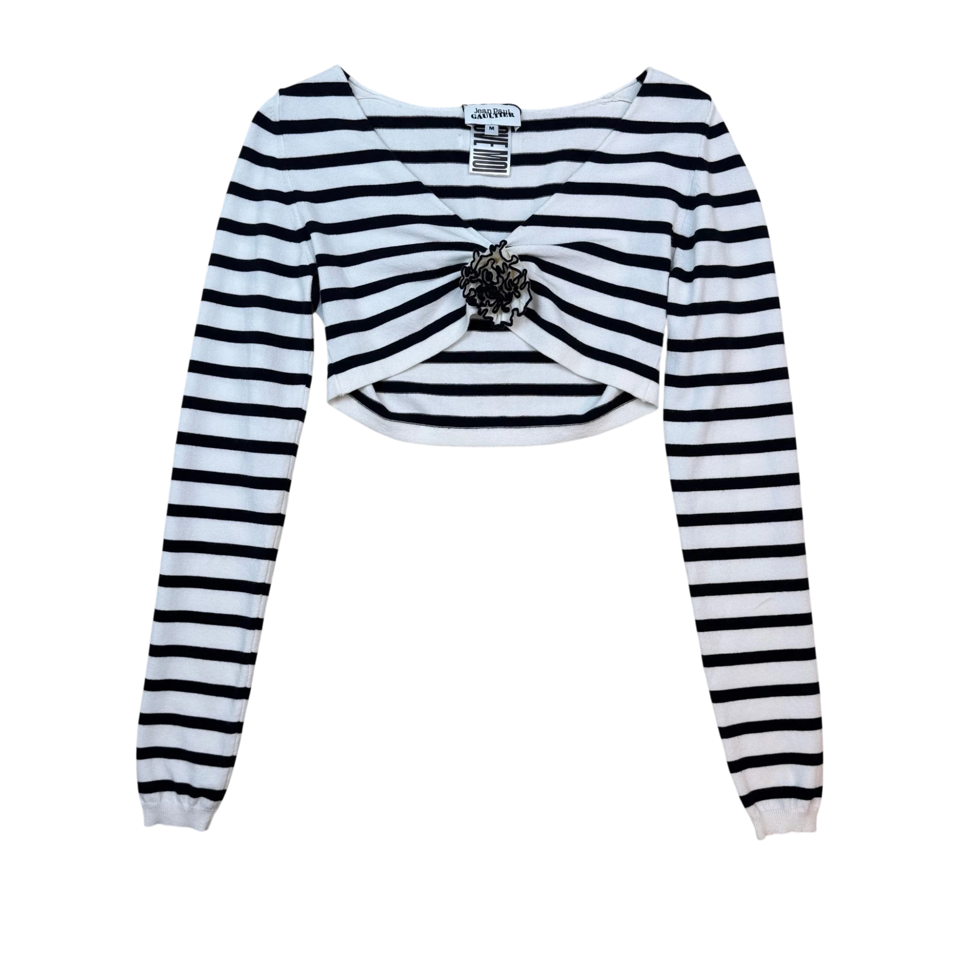 Jean Paul Gaultier Striped Appliqué Flower Crop Top Black/White (Size M Womens)