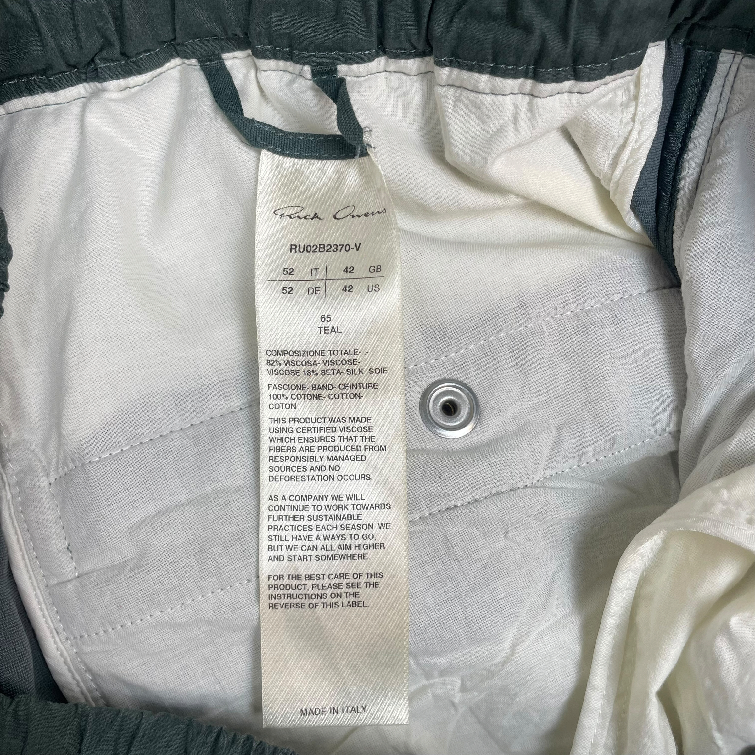 Rick Owens FW22 Strobe Velour Track Pants Teal (Size 52/XL)