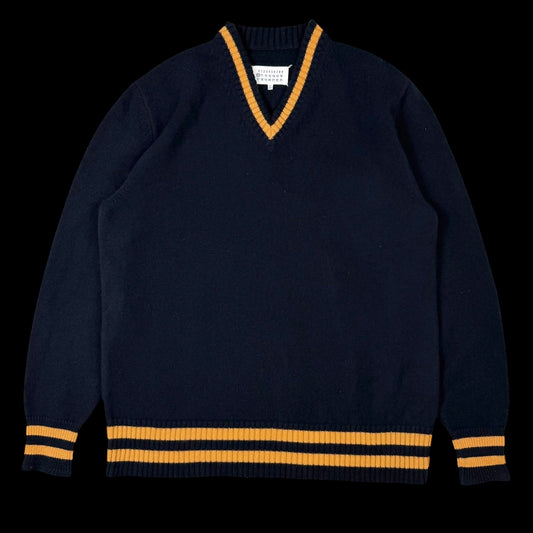 Maison Margiela AW21 Oversized  V-Neck Wool Sweatshirt Navy / Gold (Size M)