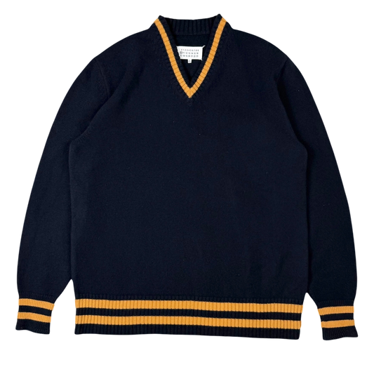 Maison Margiela AW21 Oversized  V-Neck Wool Sweatshirt Navy / Gold (Size M)