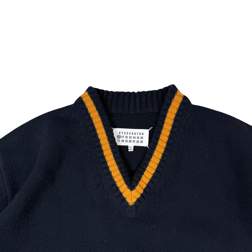 Maison Margiela AW21 Oversized  V-Neck Wool Sweatshirt Navy / Gold (Size M)