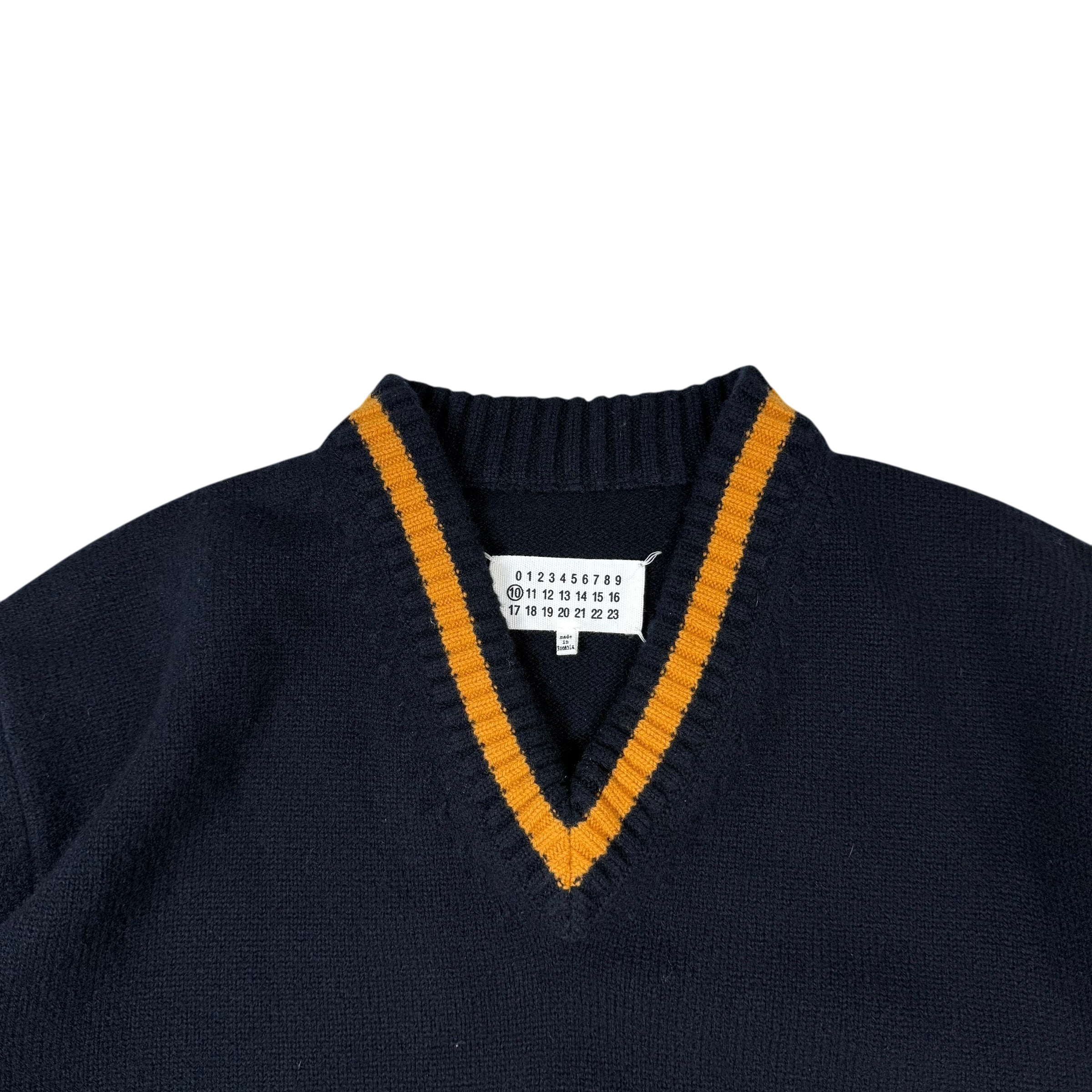 Maison Margiela AW21 Oversized  V-Neck Wool Sweatshirt Navy / Gold (Size M)