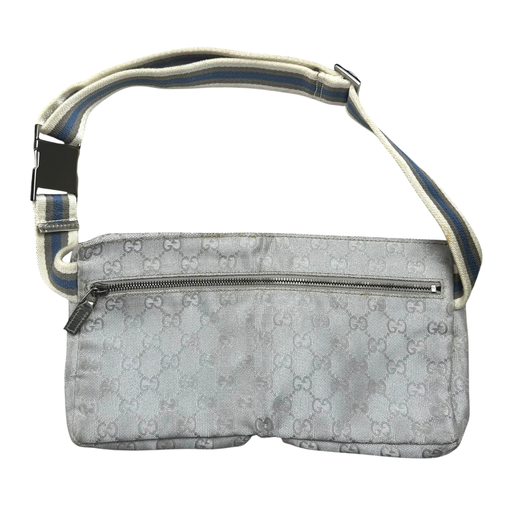 Gucci GG Monogram Web Double Pocket Canvas Belt Bag Silver