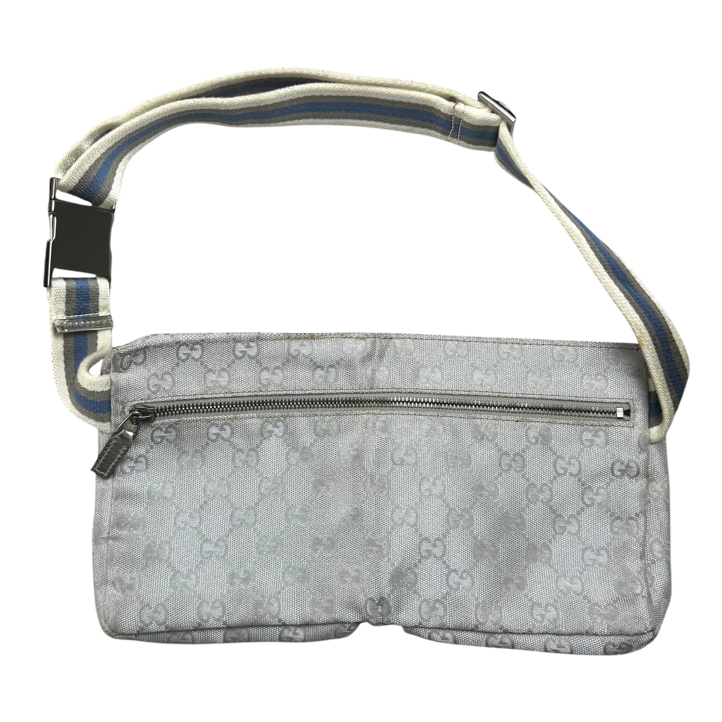Gucci GG Monogram Web Double Pocket Canvas Belt Bag Silver