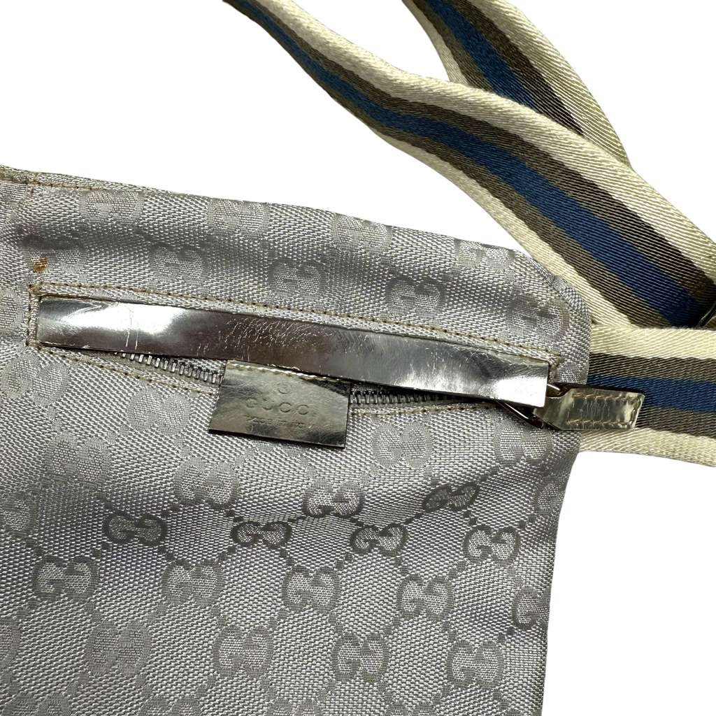Gucci GG Monogram Web Double Pocket Canvas Belt Bag Silver