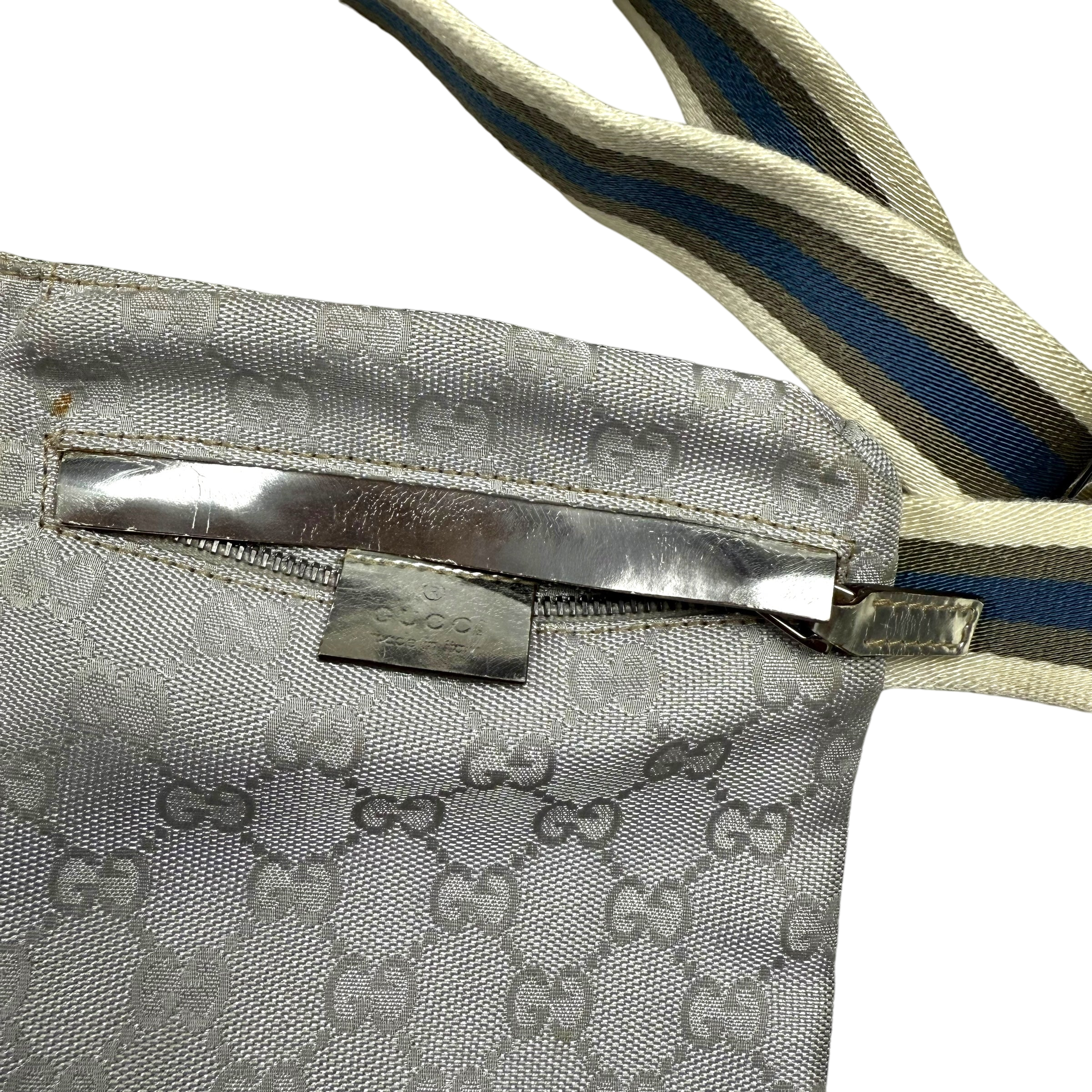 Gucci GG Monogram Web Double Pocket Canvas Belt Bag Silver