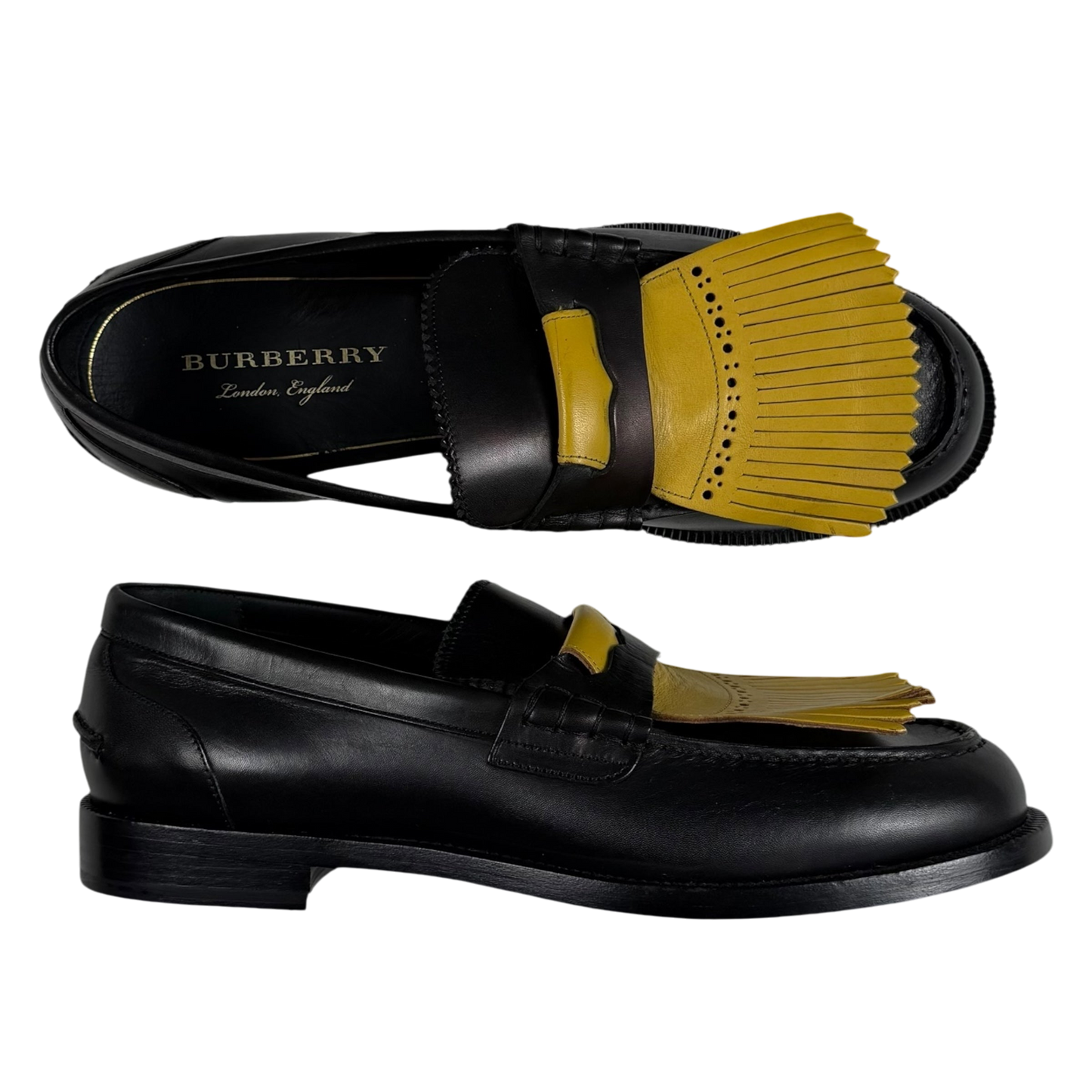 Burberry Kiltie Fringe Leather Loafers Black /Yellow (Fits US10.5-11)
