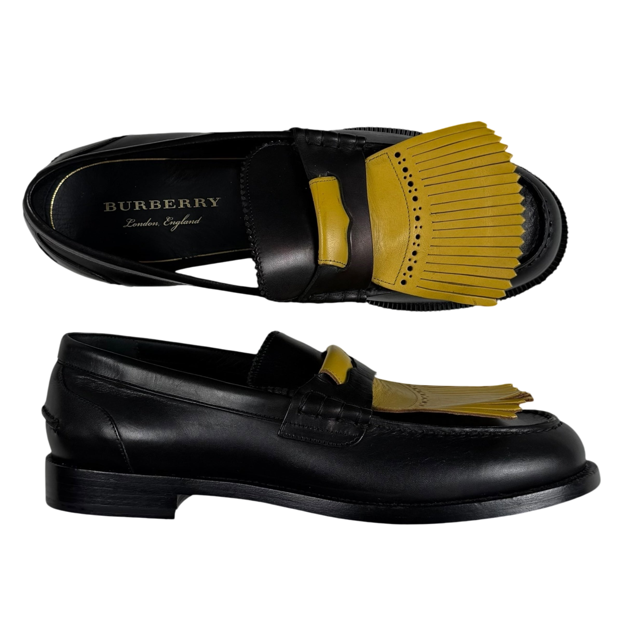 Burberry Kiltie Fringe Leather Loafers Black /Yellow (Fits US10.5-11)