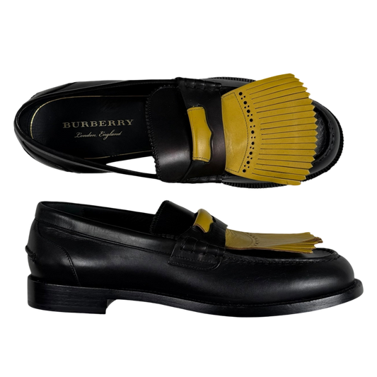 Burberry Kiltie Fringe Leather Loafers Black /Yellow (Fits US10.5-11)