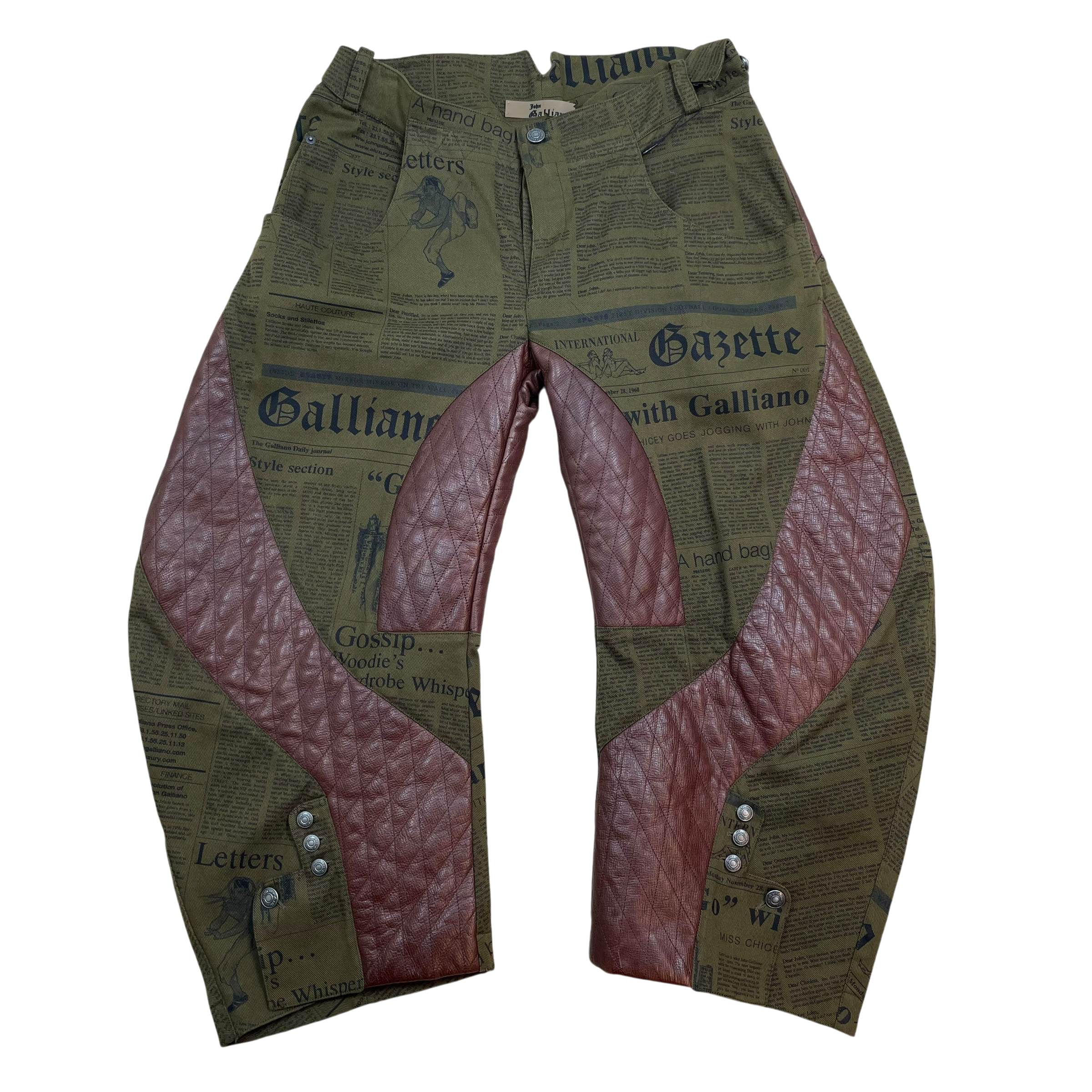 John Galliano 00s Gazette Denim & Leather Pants Brown/Green (Size 52)