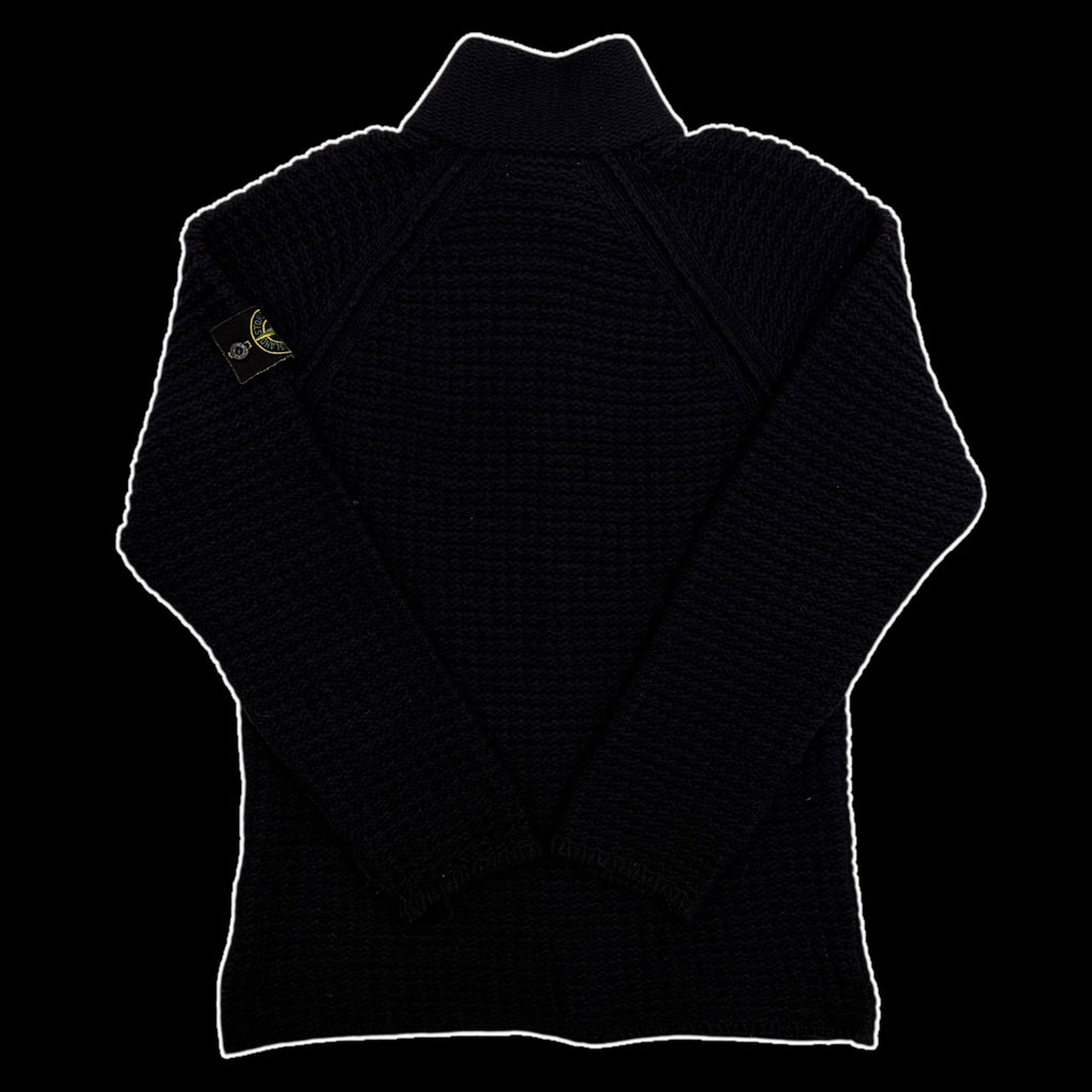 Stone Island AW02 Wool Blend Ribbed Knit Zip-Up Sweatshirt Navy (Size L)