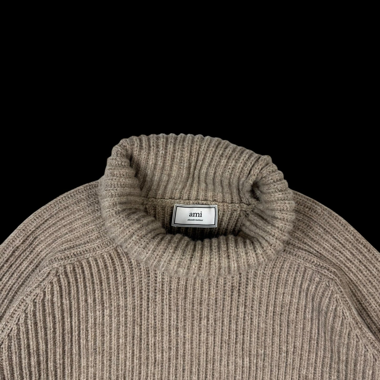 Ami Paris Heavyweight Ribbed Wool Funnel Neck Knit Sweatshirt Taupe