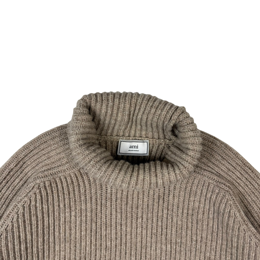Ami Paris Heavyweight Ribbed Wool Funnel Neck Knit Sweatshirt Taupe