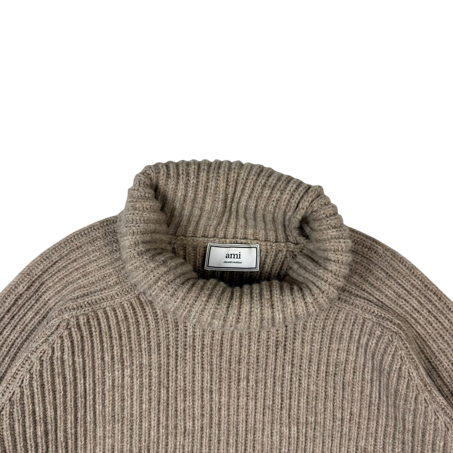Ami Paris Heavyweight Ribbed Wool Funnel Neck Knit Sweatshirt Taupe
