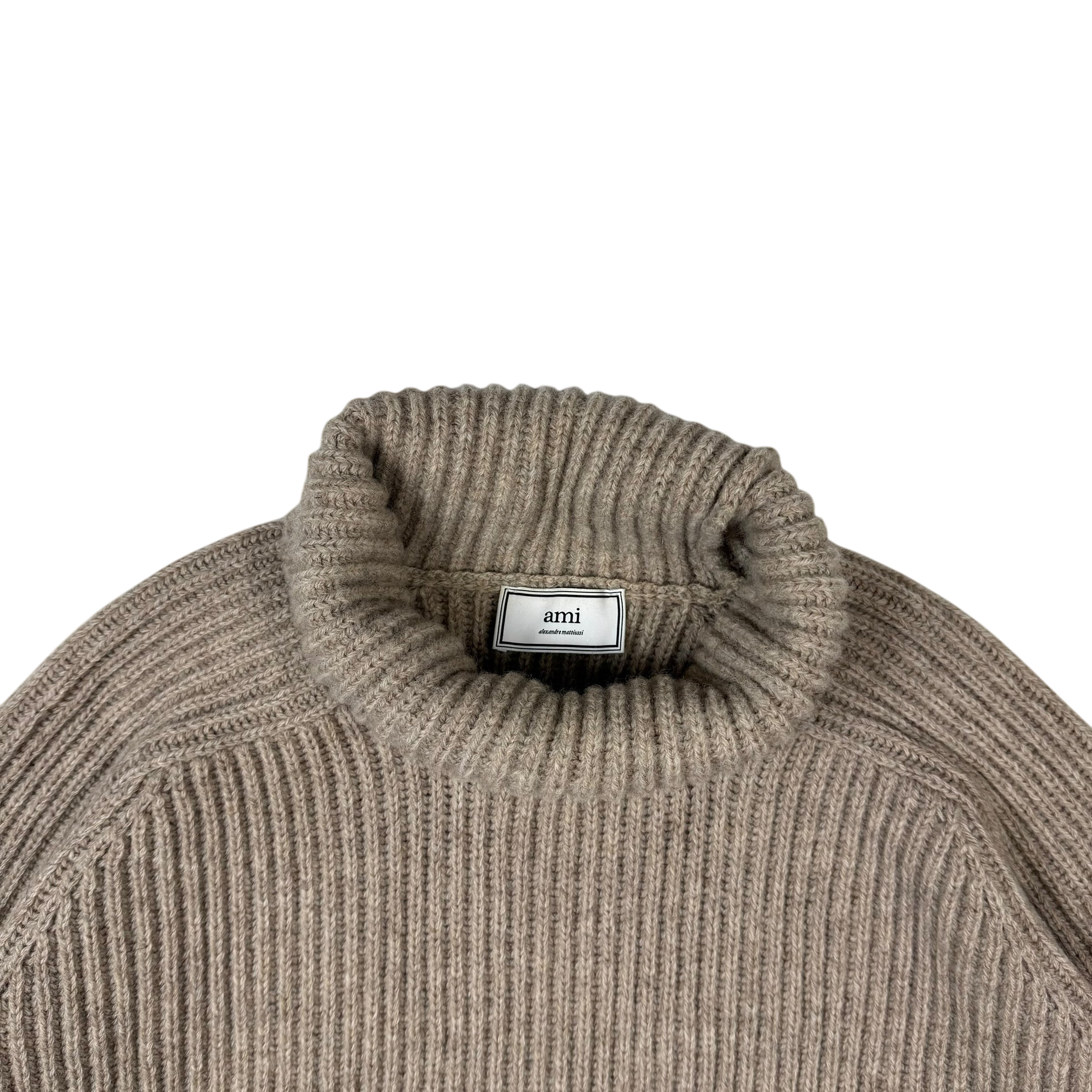 Ami Paris Heavyweight Ribbed Wool Funnel Neck Knit Sweatshirt Taupe