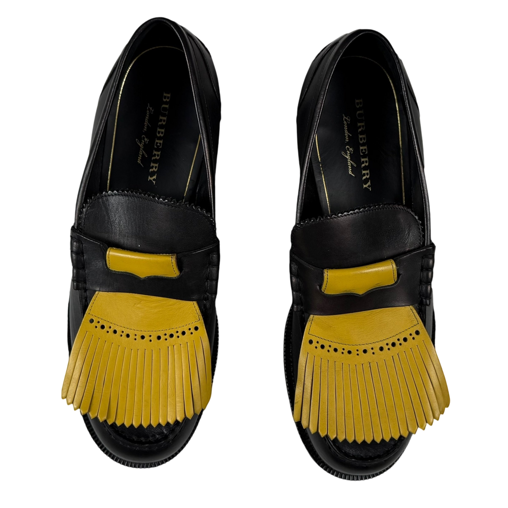 Burberry Kiltie Fringe Leather Loafers Black /Yellow (Fits US10.5-11)