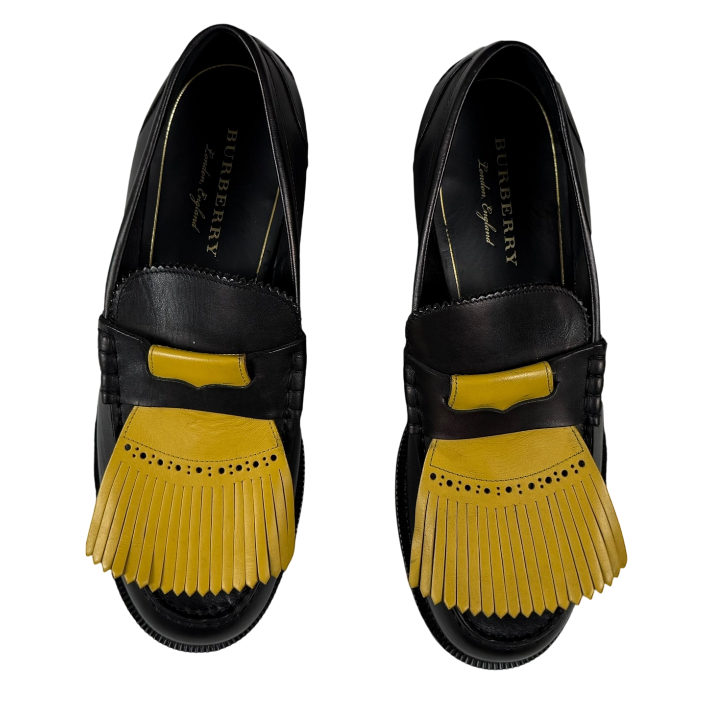 Burberry Kiltie Fringe Leather Loafers Black /Yellow (Fits US10.5-11)