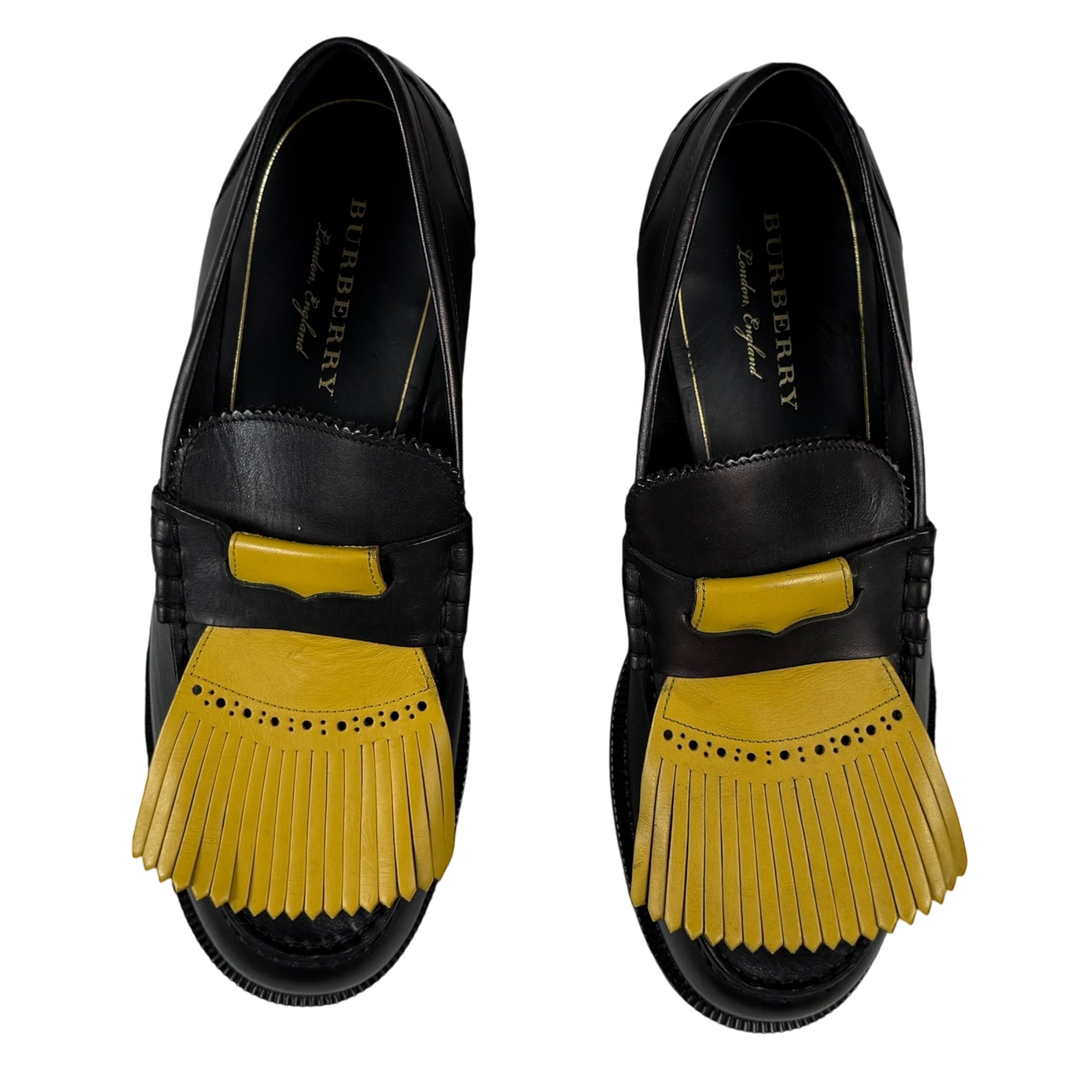 Burberry Kiltie Fringe Leather Loafers Black /Yellow (Fits US10.5-11)