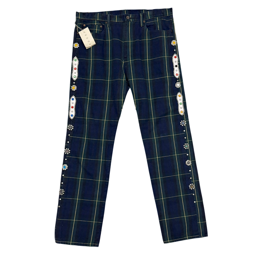 Kapital 11oz Tartan Check 5P Monkey Cisco Jeans (Studs Remake) Navy (Size 38”)