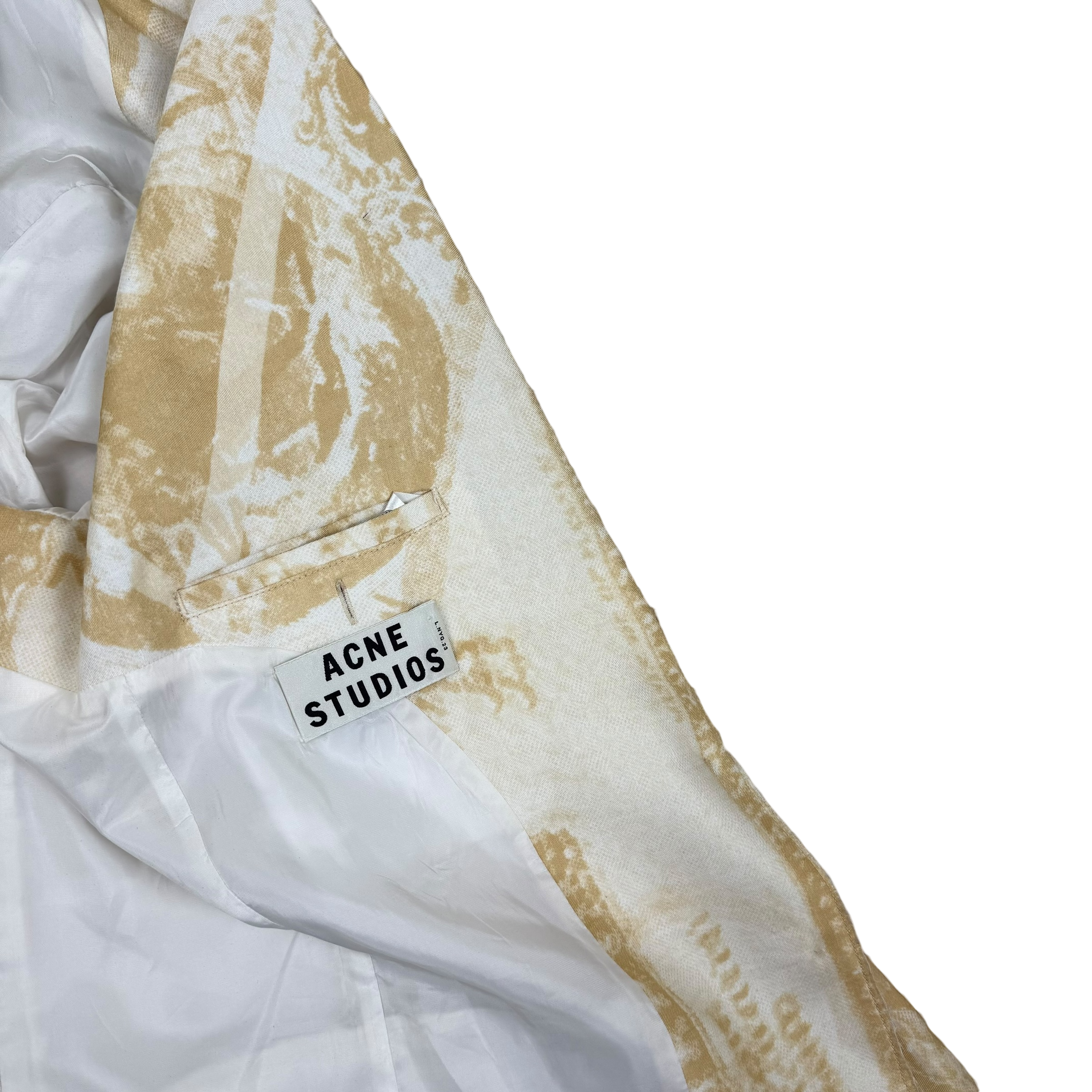 Acne Studios SS13 Resort Linen Blend Raw Hem Jinx Currency Blazer Yellow/White (Size 36)