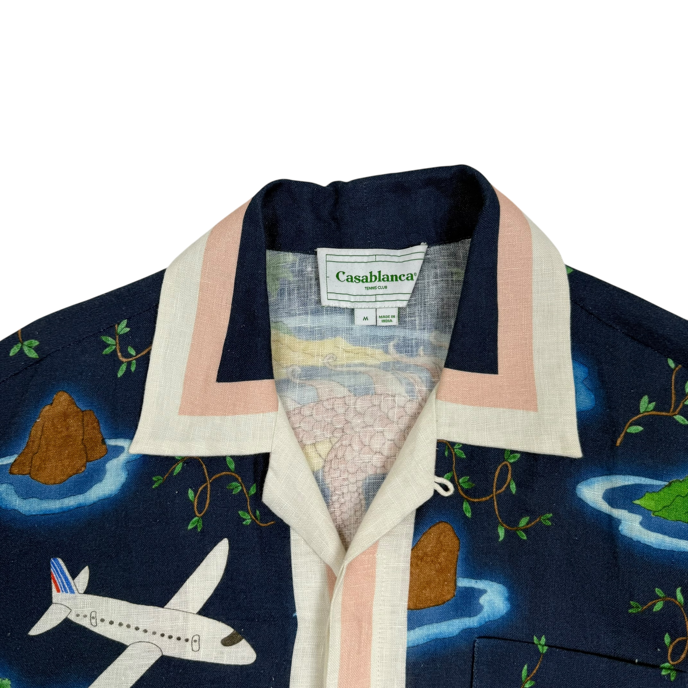 Casablanca Cuban-Collar Dragon-Print Linen Shirt Blue (Fits M-L)