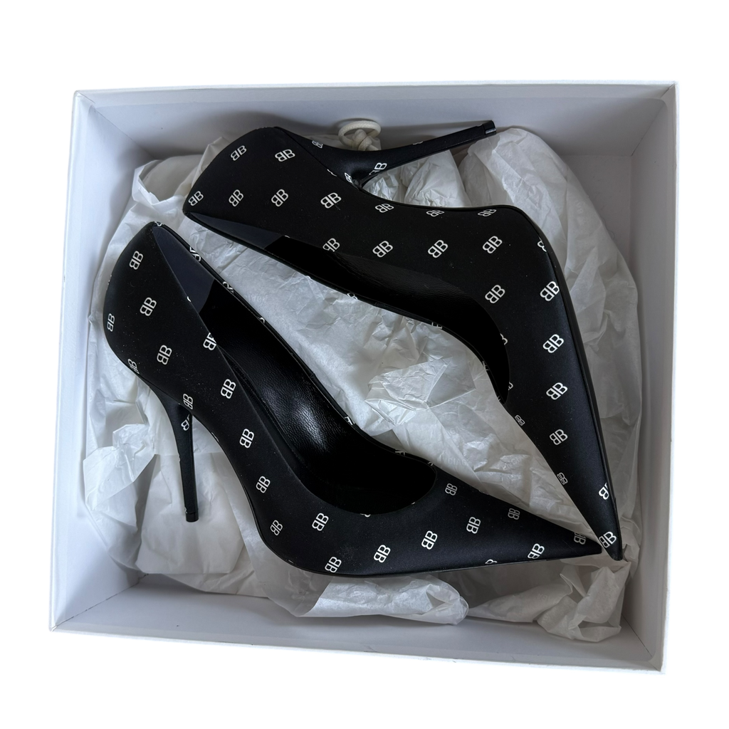 Balenciaga Satin BB Monogram Knife Heels Black (Size EU40)