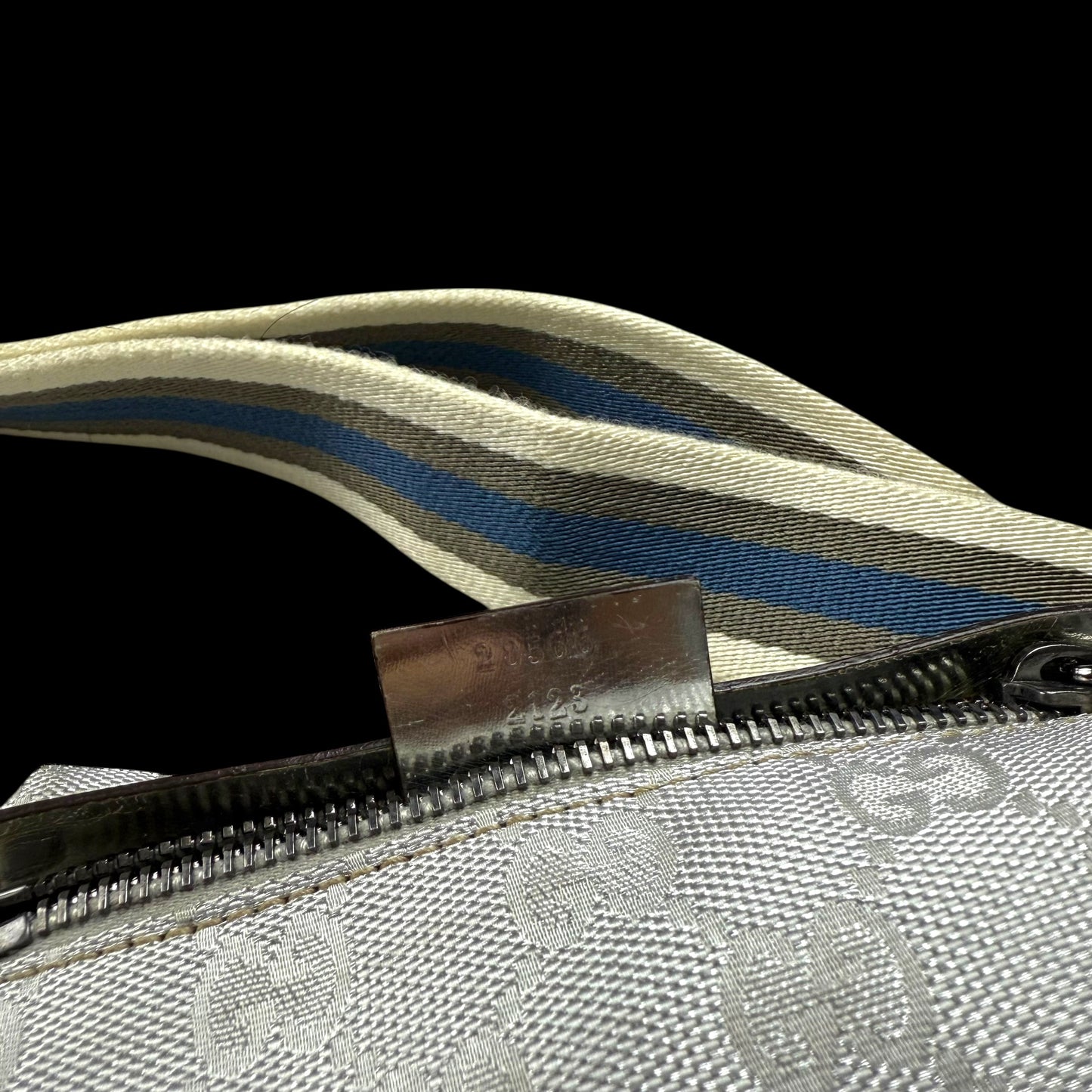 Gucci GG Monogram Web Double Pocket Canvas Belt Bag Silver