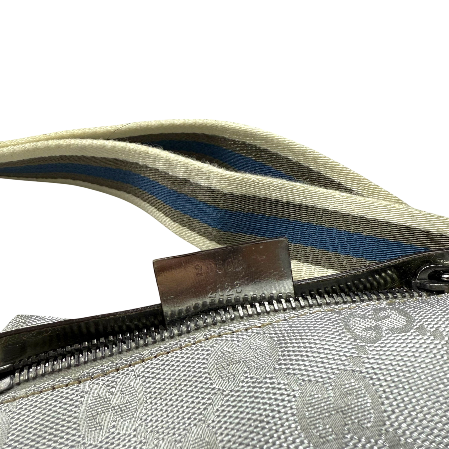 Gucci GG Monogram Web Double Pocket Canvas Belt Bag Silver