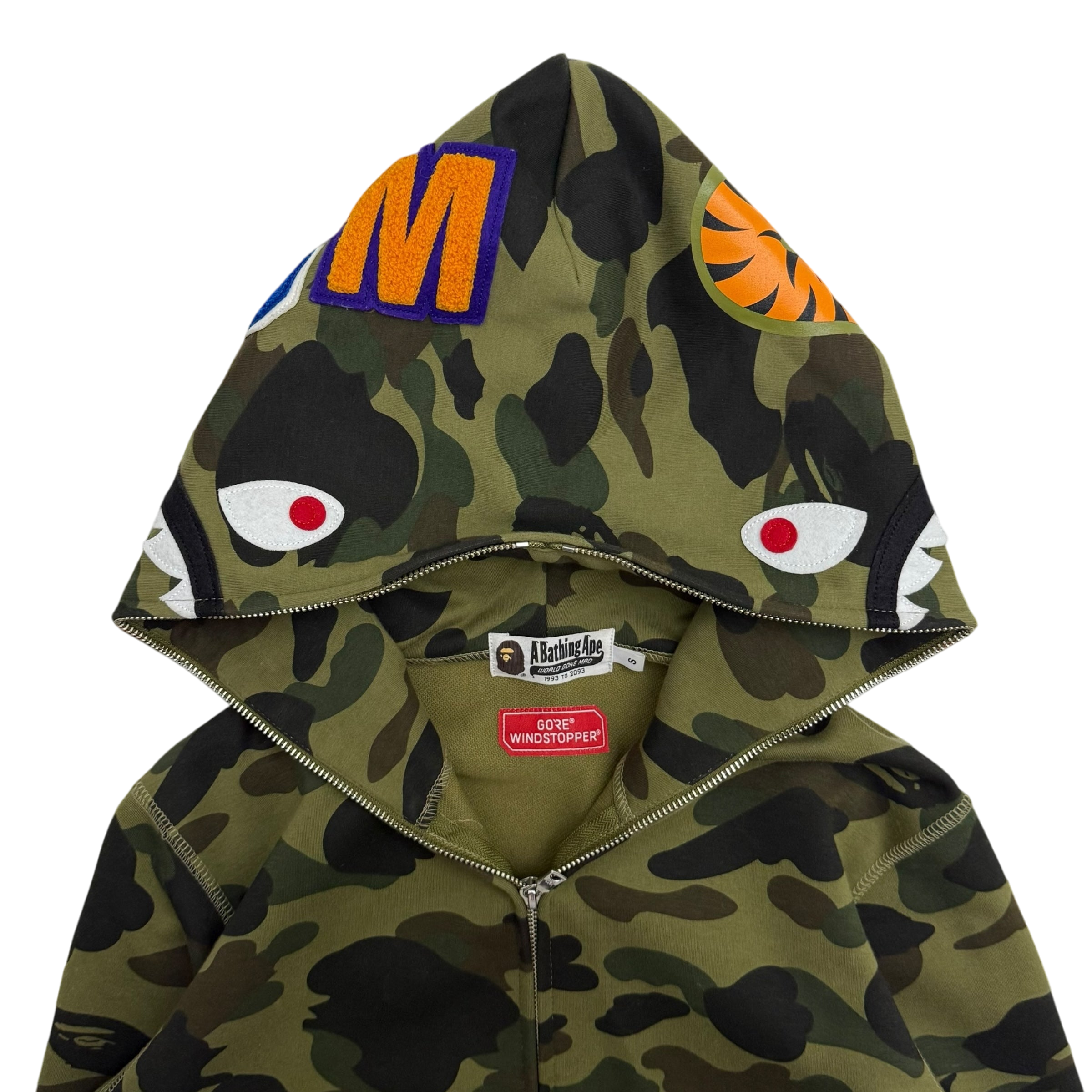 BAPE (A Bathing Ape) 1st Camo Gore Windstopper Camo Shark Zip-Up Hoodie Green (Size S)