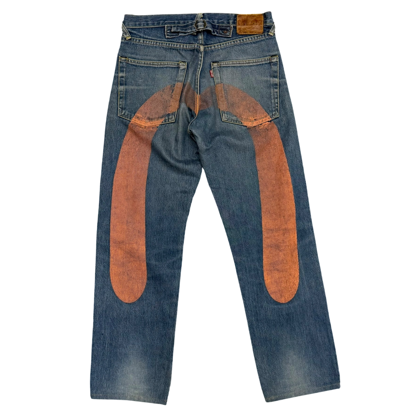 Evisu Orange Daicock Print Buckle Back Light Wash Jeans (Size 30”)
