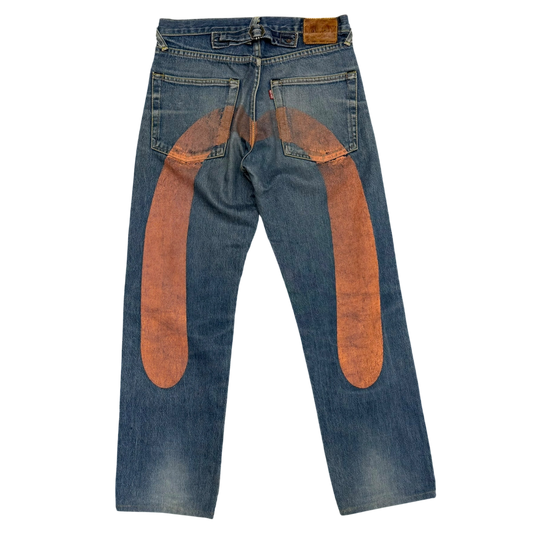 Evisu Orange Daicock Print Buckle Back Light Wash Jeans (Size 30”)