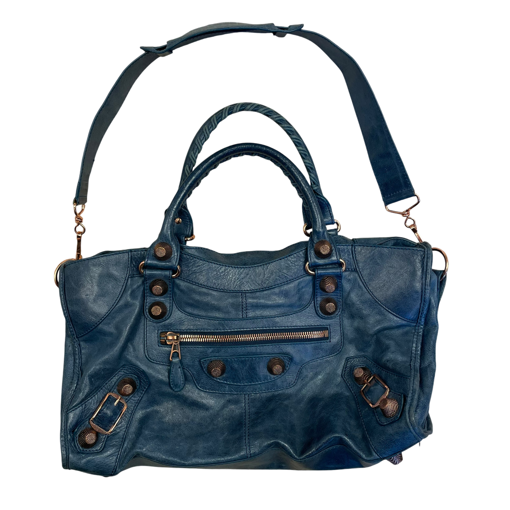 Balenciaga Brass Hardware Leather City Bag Blue