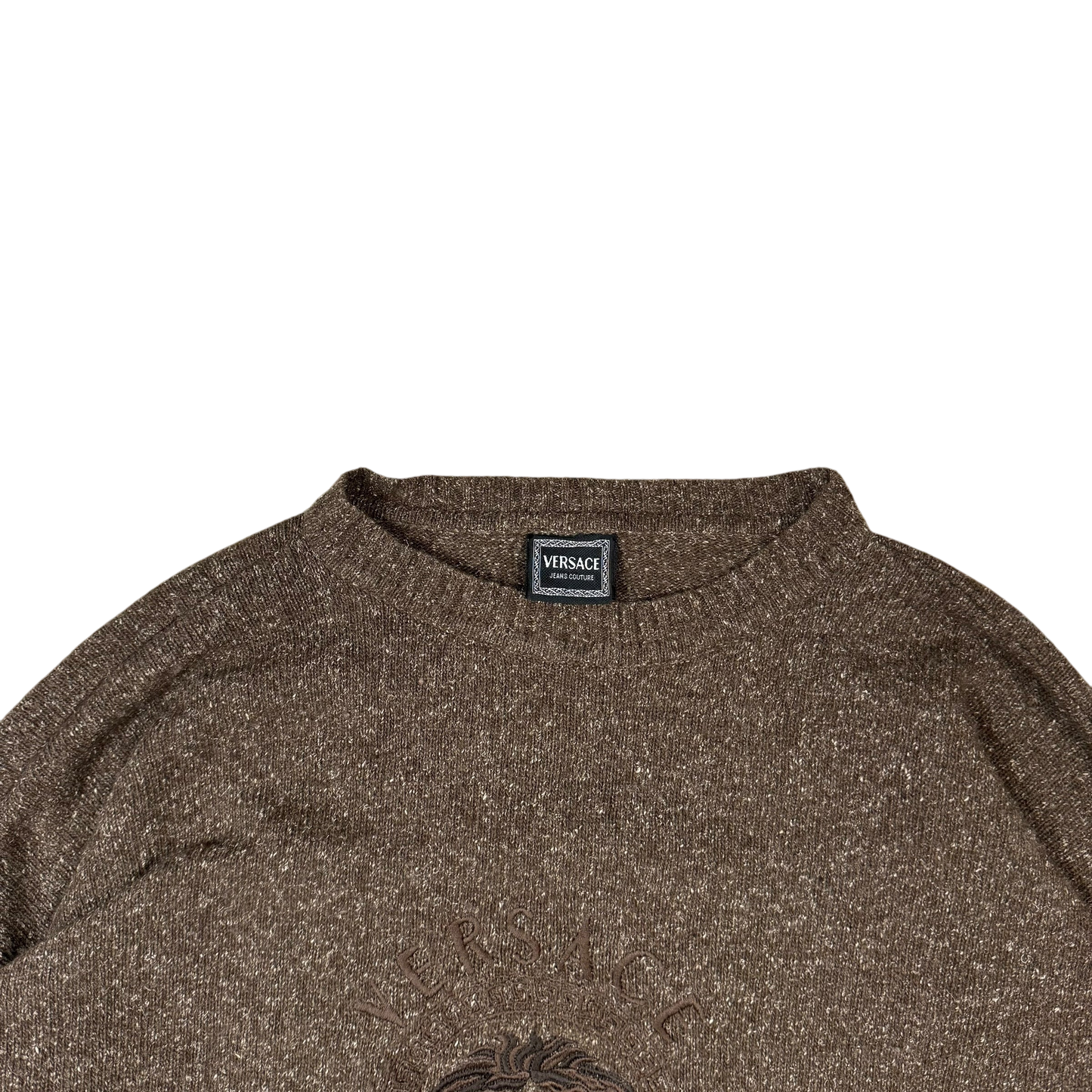 Versace 90s Medusa Logo Embroidered Wool Sweatshirt Brown (Size XL)