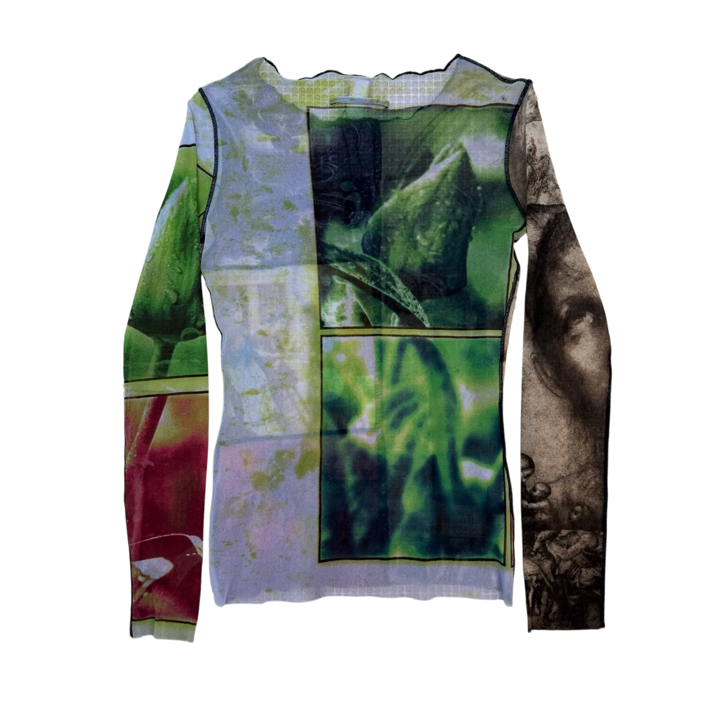 Jean Paul Gaultier SS98 Soleil Patchwork Graphic Mesh Top (Size L)