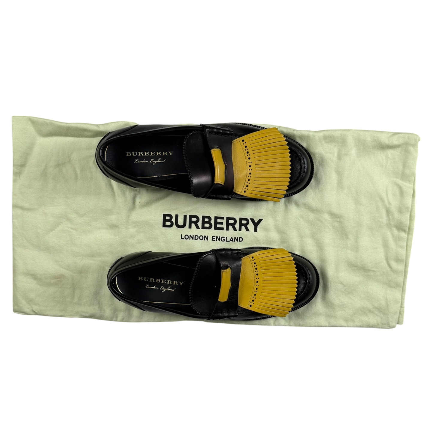 Burberry Kiltie Fringe Leather Loafers Black /Yellow (Fits US10.5-11)